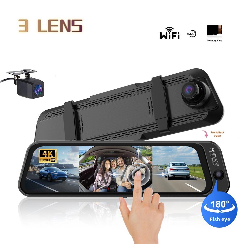 4K 10-Inch Streaming Media Dash Cam, 3 Lenses, WiFi, Night Vision, 170° Fisheye, Rearview Mirror