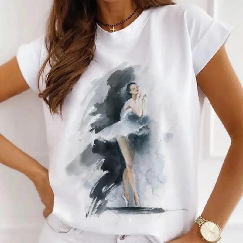 Stylish African Womens Watercolor Ballerina Girl Cute Cartoon Short Sleeve Tshirt Summer Tops Vintage Clothes Oversized Tee