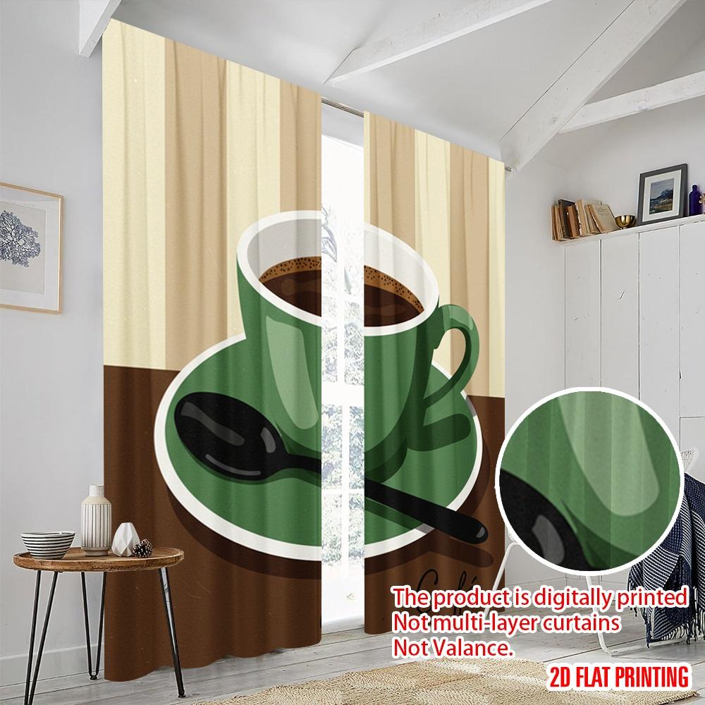 2pcs 2D flat printing Curtain Green Coffee Cup Spoon Fabric Without Electricity All Season Party & Holiday Decor Perfect for