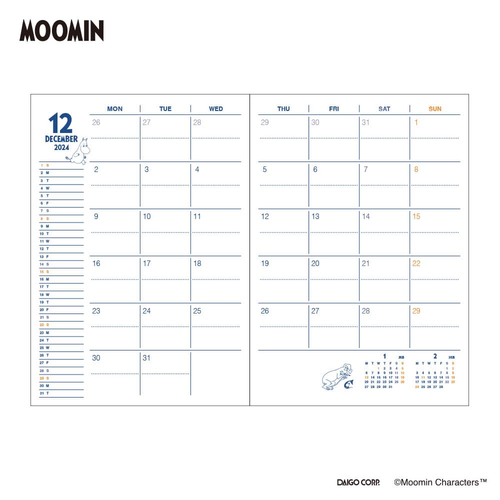 Daigo 2025 Planner, Moomin Monthly/Weekly, B6, Pink, E6213, 2024 December Start