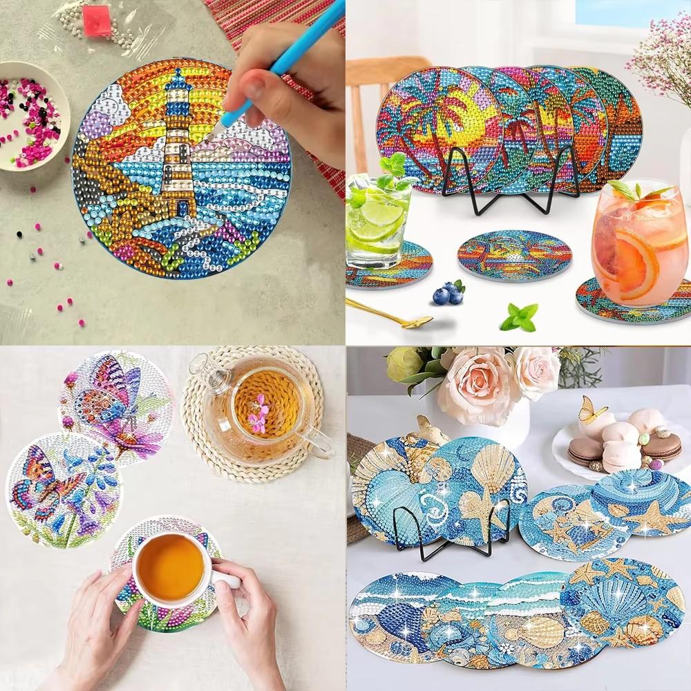 8 sztuk/zestaw podstawek z motywem zwierząt morskich malowanych diamentami z uchwytami Podkładki DIY dla początkujących i dorosłych, artykuły artystyczne i rzemieślnicze, prezenty