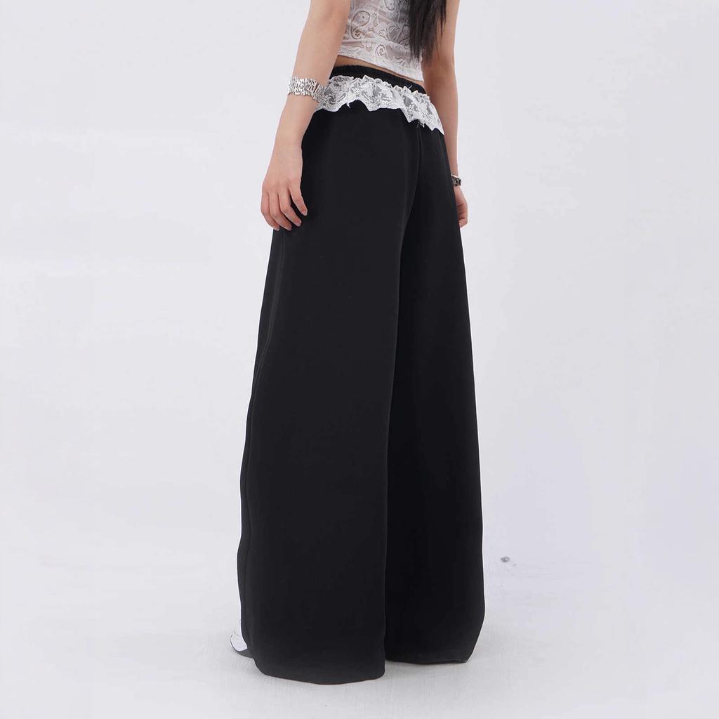 Lace Splicing Jazz Dancing Fart Curtain Pants Niche Loose and Thin Black Sports Casual Wide-leg Pants Black Wide-leg Pants