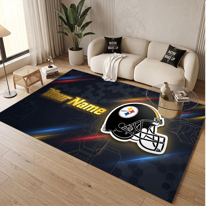 Custom Rug Pittsburgh Steelers Pattern Print Name Text Soft Non‑Slip Floor Carpet for Home Indoor Decoration