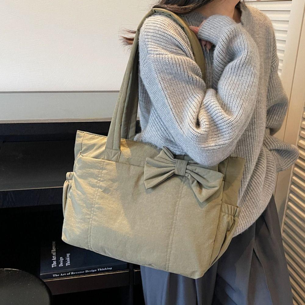 Large Capacity Cotton Padded Shoulder Bag Solid Color Nylon Handbag Bow Tote Bag  Travel Bag