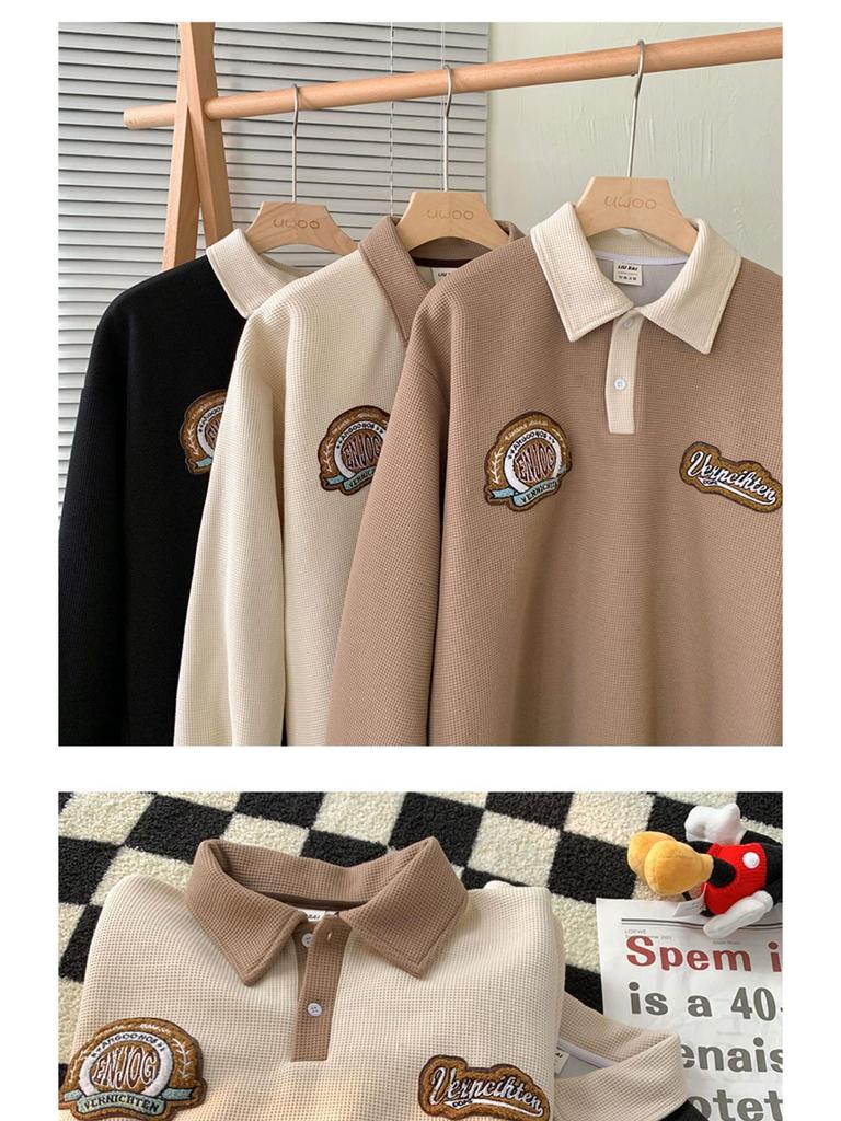 Męska bluza polo waflowa: Modny Haftowany Kołnierz, Styl Retro Amerykański, Ciężka Kurtka z Długim Rękawem na Wiosnę i Jesień