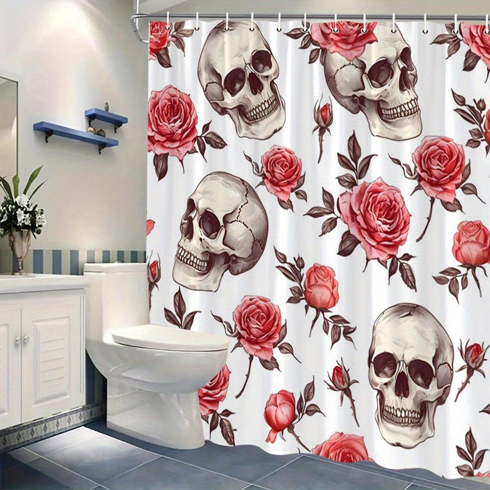 1piece Floral Skull Shower Curtain Vintage Rose Design Shower Curtain, Polyester Fabric, Machine Washable, Suitable for Bathroom