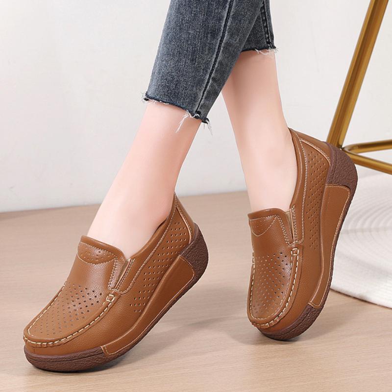 Hollowed-out Women Casual Walking Shoes Genuine Leather Rockers Shoes Fashion Loafers Elegant Mother Shoes