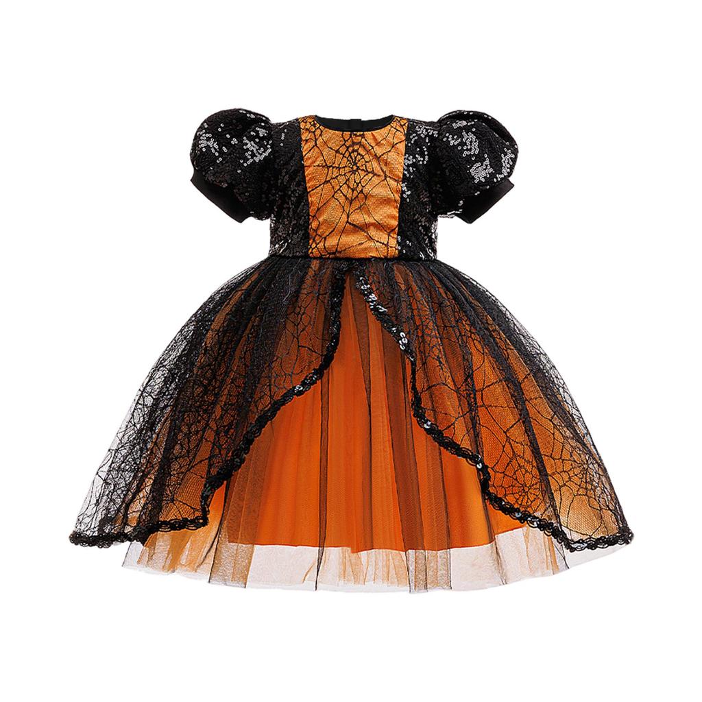Europäisch-amerikanisches Halloween-Festivalkleid für Mädchen mit Pailletten-Patchwork im Spinnennetz-Design