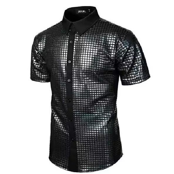 2025 Men'S Formal Dress Shirt Sequin Button Up Shirt Cosplay Costume Lapel Shiny T-Shirt Shirt