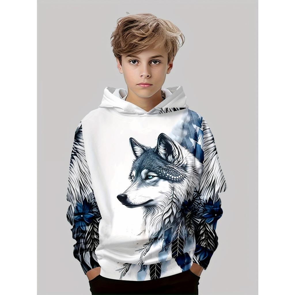 Boy's Wolf Totem 3D Printed White Hoodie, Blue and White Ink Style Fashionable Boy's Hoodie