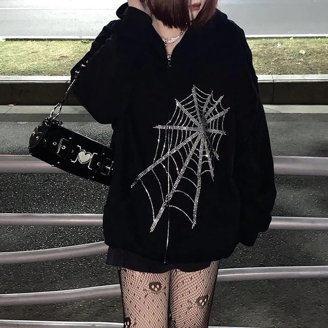 Street Hip Hop Spinnenknochen Aufkleber Diamant Schwarz Reißverschluss Hoodie Damen 2022 y2k Harajuku Jacke Pullover Damen