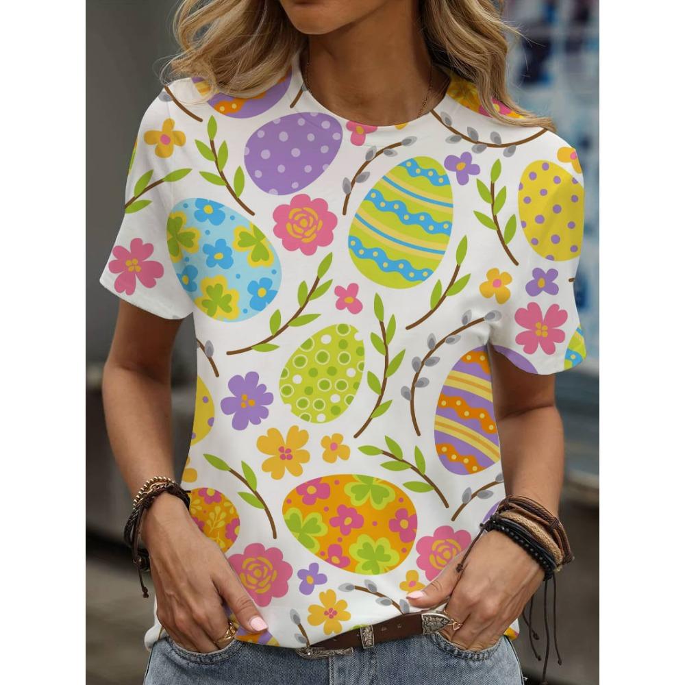 Multicolor floral printed T-shirt, casual street style, high-end top women's clothing, short-sleeve T-shirt for 2025.