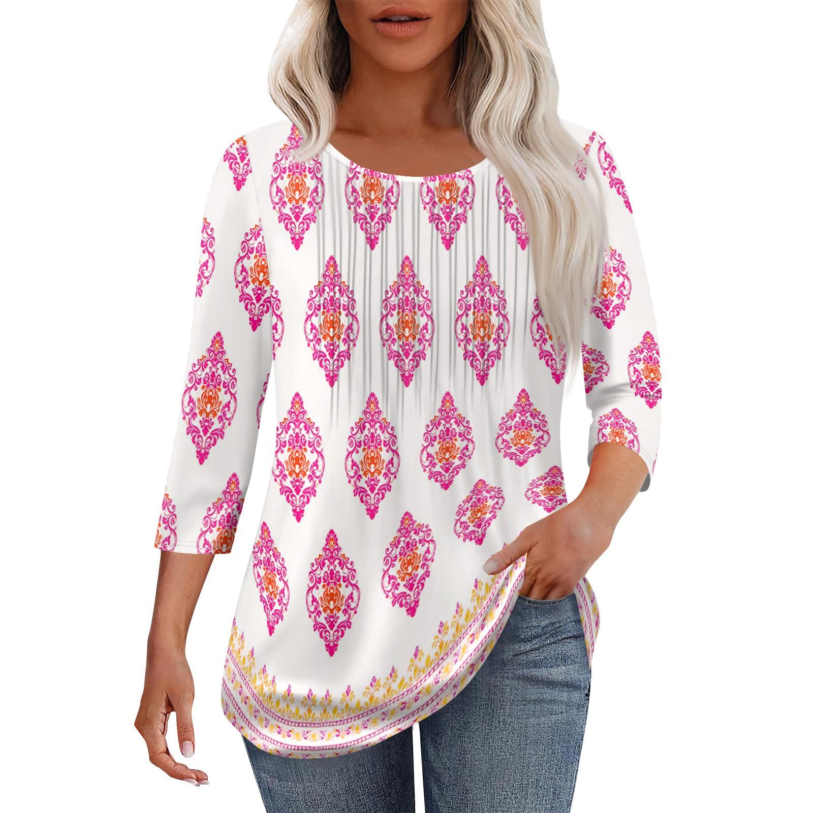 

Women s Fashionable Casual Pleated Round Neck Casual Floral Print Seven Quarter Sleeved T-shirt Top L рожевий