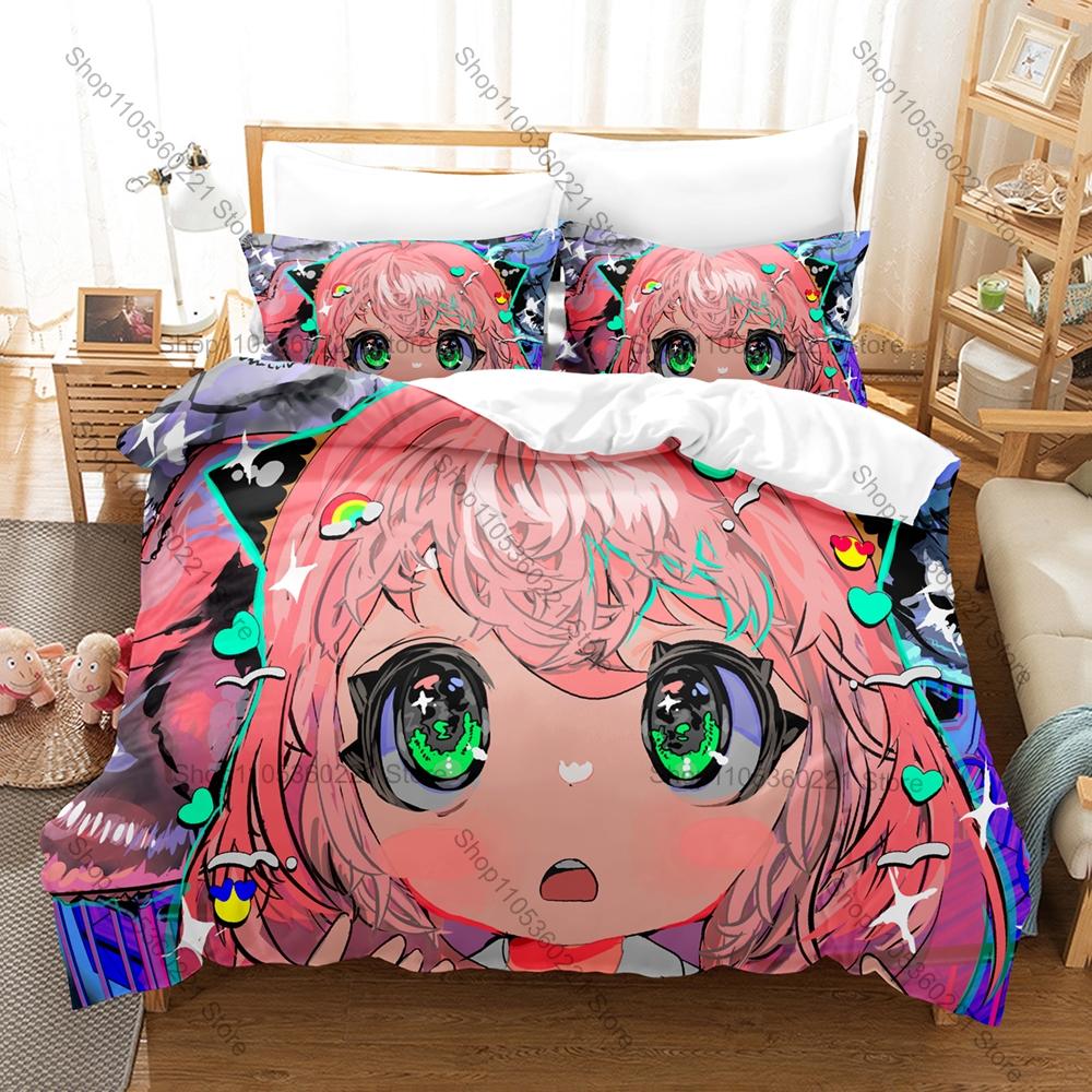 Anya Forger Family Duvet Cover + 2 Pillowcases 3D Anime Print Polyester Bedding Kawaii Fashion Bedroom Decor Bed Linens