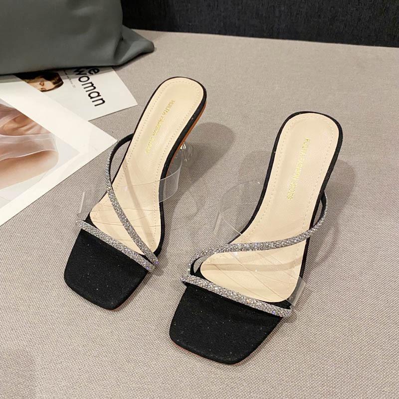 Fashion Crystal Band High Heels Slippers Women Transparent Sandals Ladies Sexy Glitter Feast Party Shoes Strange Heeled Slippers Women