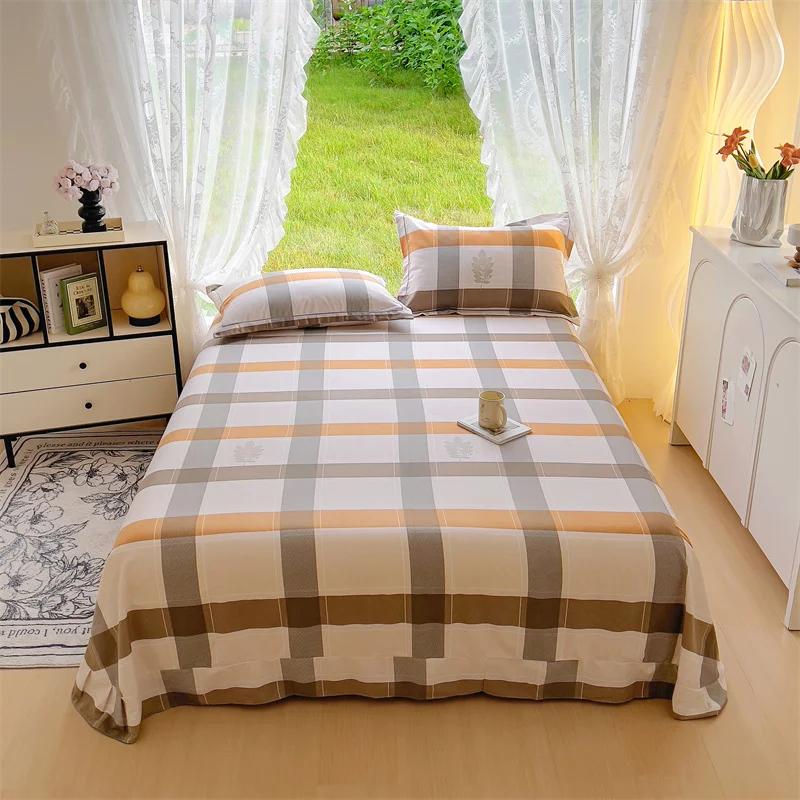 3Pcs Simple Geometric Plaid Bed Sheet Set 100% Cotton Skin-friendly Queen Size Bedding Set Thickened Flat Sheet with Pillowcases
