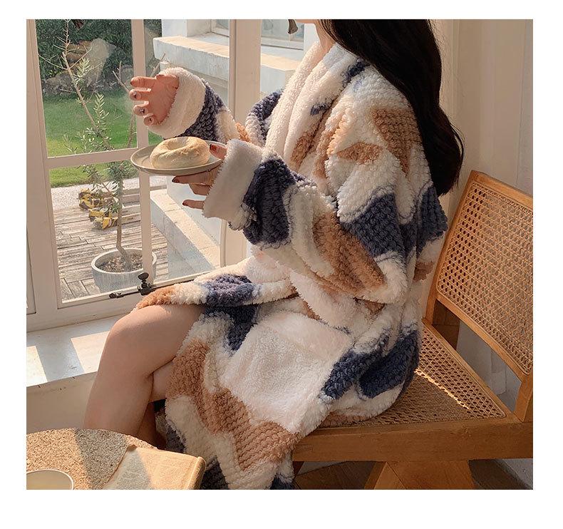 Autumn/Winter Women's Coral Fleece Bathrobe: V-neck, Belted, Long Sleeves, Mid-length, Sweet Style, Warm Homewear.