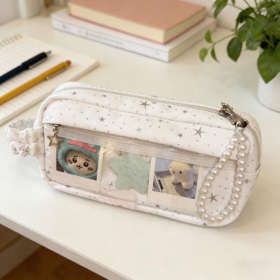 Pencil Case Star Design Extra Large Capacity Zipper Closure Pencil Pouch with DIY Storage Transparent Window School Supplies