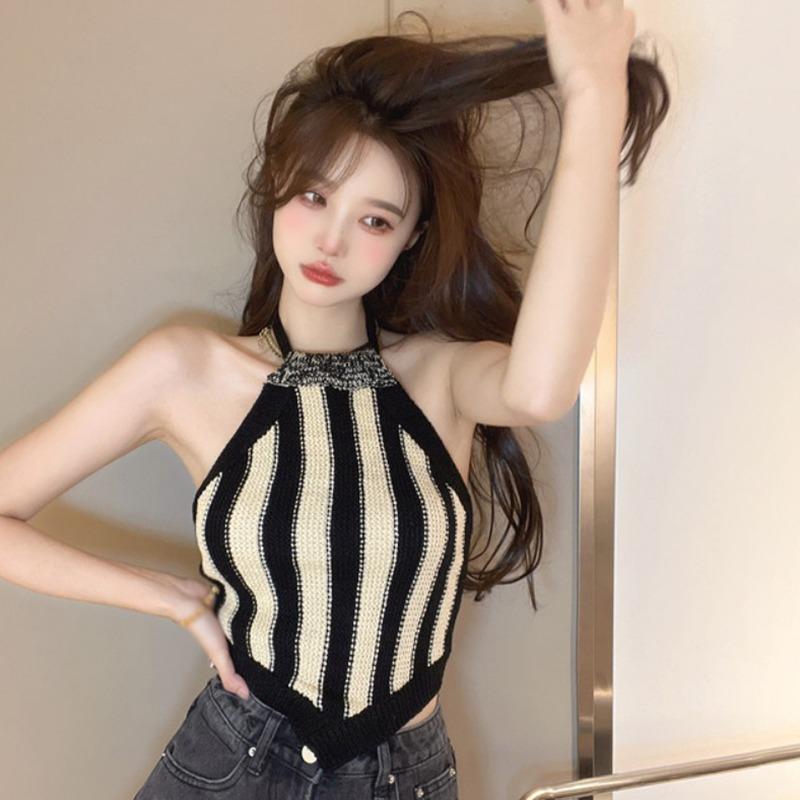 

Женский нерегулярный жилет без рукавов в полоску с лямкой на шее, вязаная майка One Size