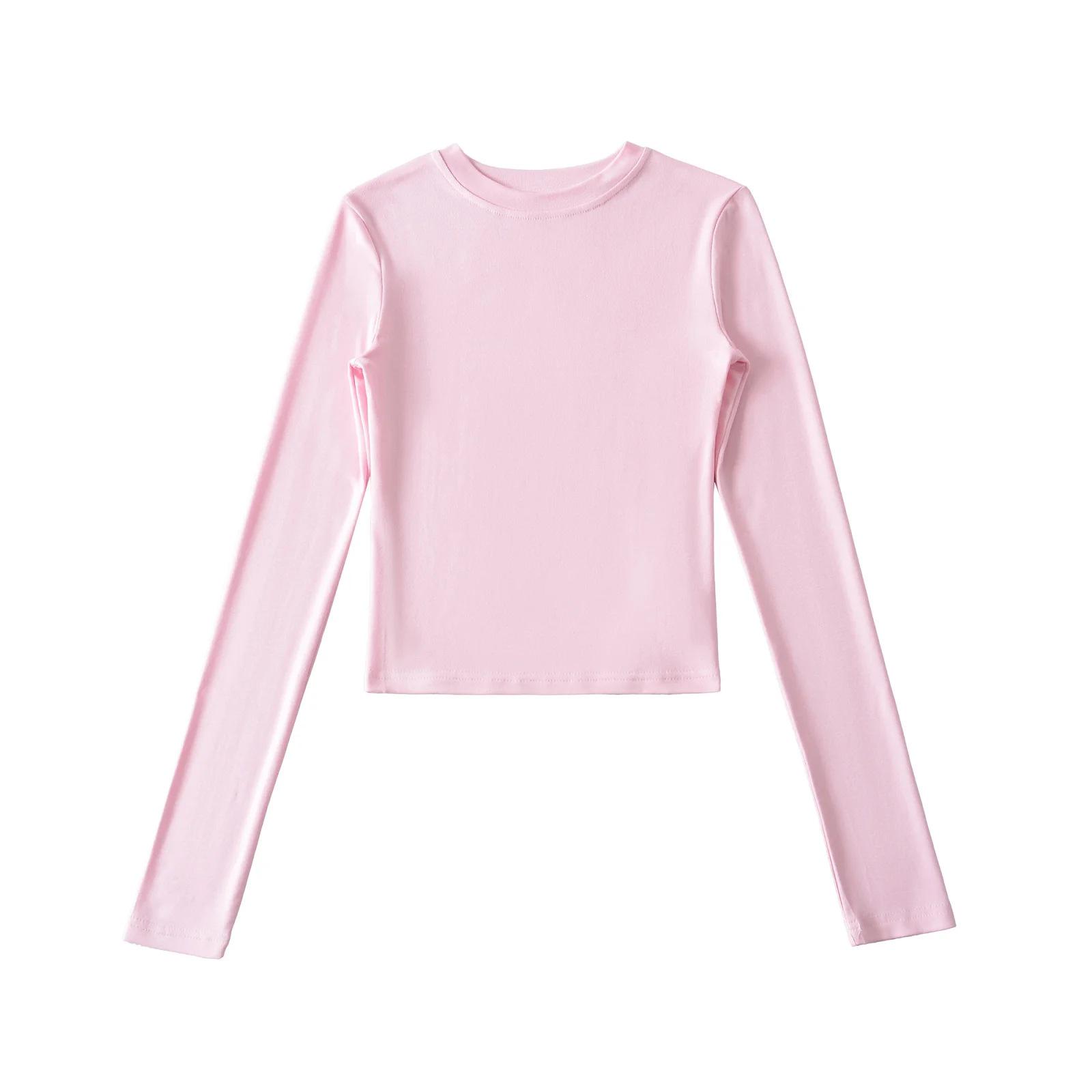 Kardashian-Style Round Neck Long Sleeve Women’s T-Shirt - 2026 Spring/Autumn Elastic Waist-Cinching Top Small розовый