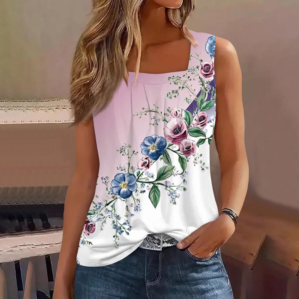 Women's Pleated Square Neck Sleeveless Tank Top Plant Print T-Shirt