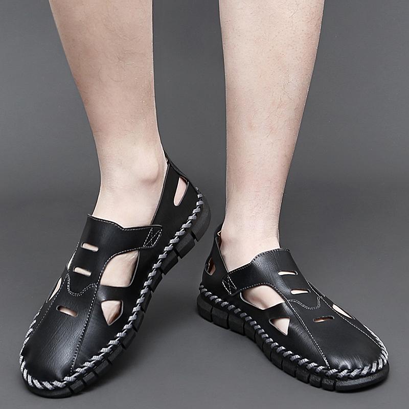 2024 Summer Handmade Sandals Men Soft Leather Shoes Man Sandalias Outdoor Antiskid Beach Sandals Hollow Shoes Handmade Footwear