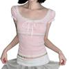 Sweet and Pure Style Color-Blocked Bow Ribbon Design Lace-Trimmed Puff Sleeve T-Shirt Playful Slim-Fit Short Top