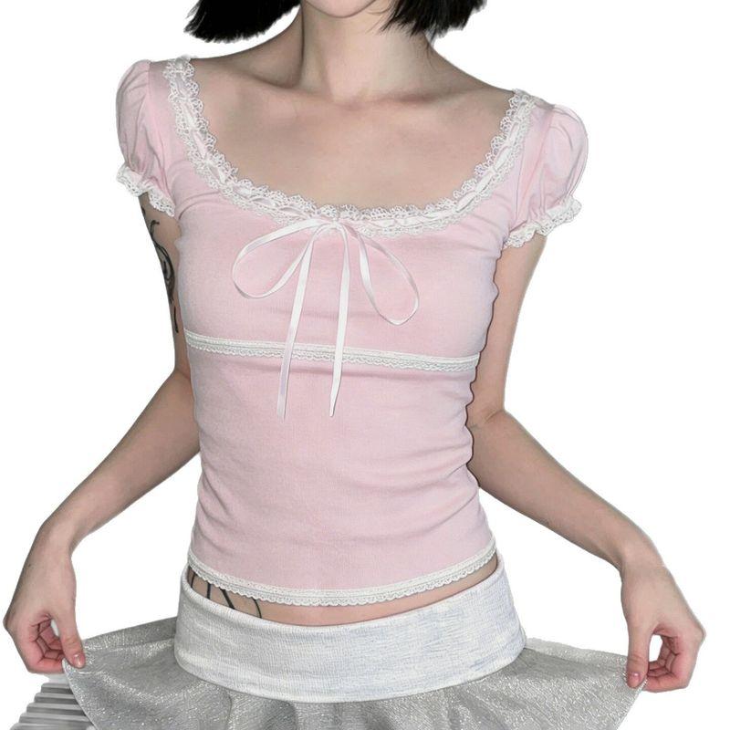 Sweet and Pure Style Color-Blocked Bow Ribbon Design Lace-Trimmed Puff Sleeve T-Shirt Playful Slim-Fit Short Top