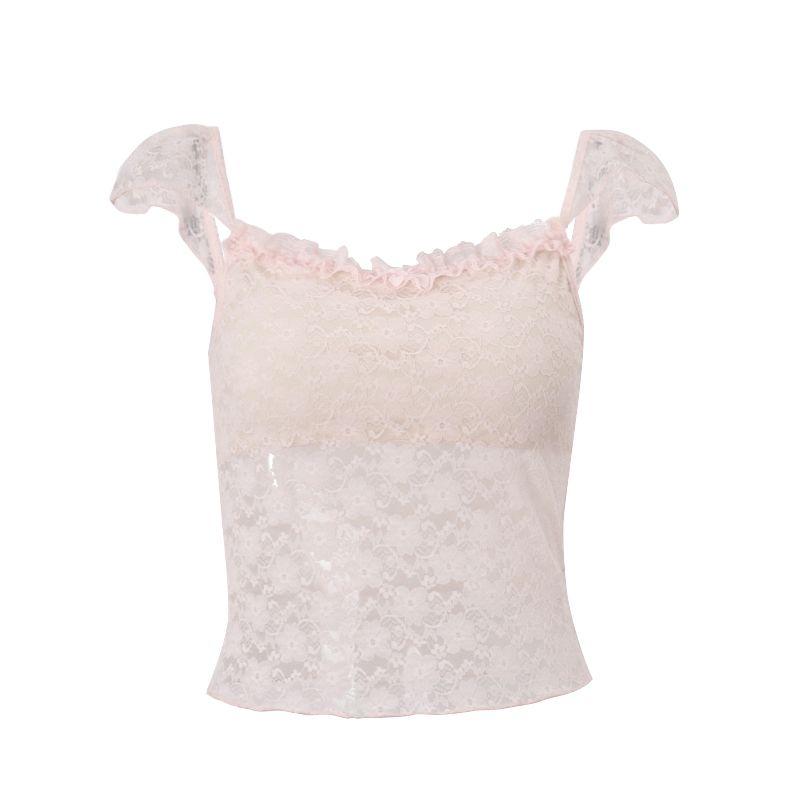 Pure Sweet Sexy Lace Stringy Selvedge Patchwork Slim-Fitting Suspenders Vest Female Pink Pure Easiest for Match Slightly Transparent Short T-shirt