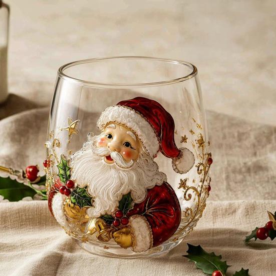 Retro-Stil Feiertagsgeschirr Weihnachts-Glaskunstbecher mit Löffel, Klassischer handbemalter Borosilikat-Design-Becher mit Weihnachtsmann, Rentier, Schneemann, Glasware