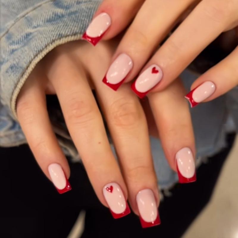 

European & American Minimalist Wine Red Press-On Nails - French Heart Design