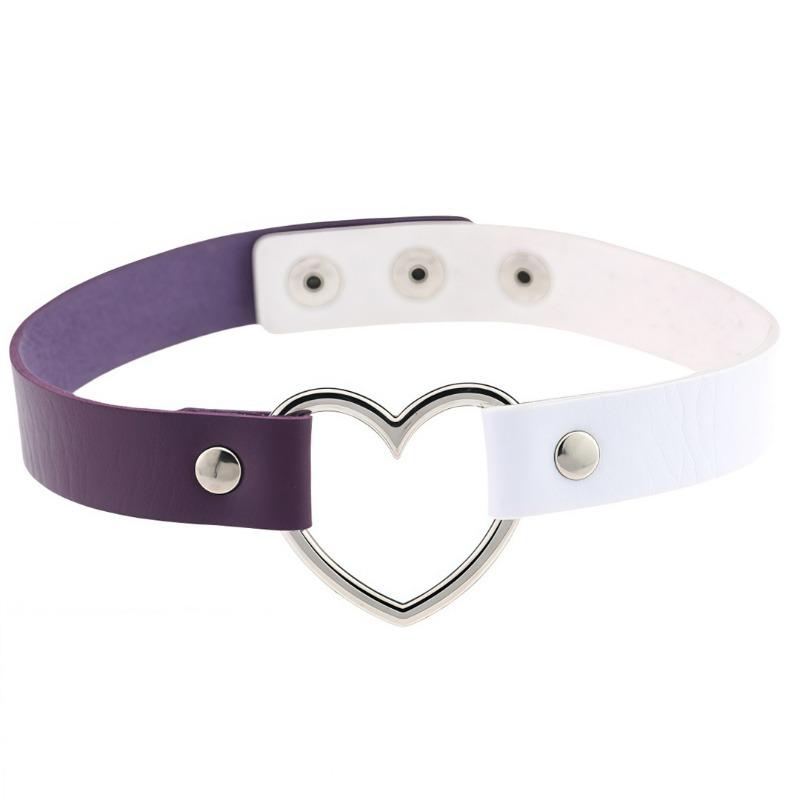 Eco-friendly PU Leather Japanese Harajuku Hip-hop Heart-shaped Peach Heart Love Two-color Splicing Neck Strap Collarbone Collar Punk Necklace