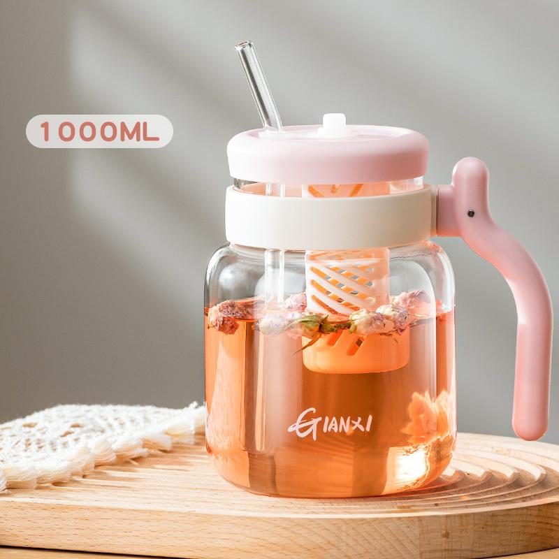 1000ML Sklenice s víčkem a brčkem Domácí kuchyně Průhledný tumbler s brčkem Šálek na kávu s uchem Láhev na vodu