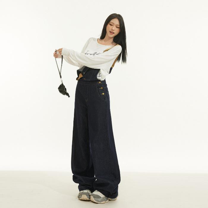 

Women s Deep Blue High Waist Denim Overalls - Autumn 2026 Wide-Leg Floor-Length Jumpsuit Large