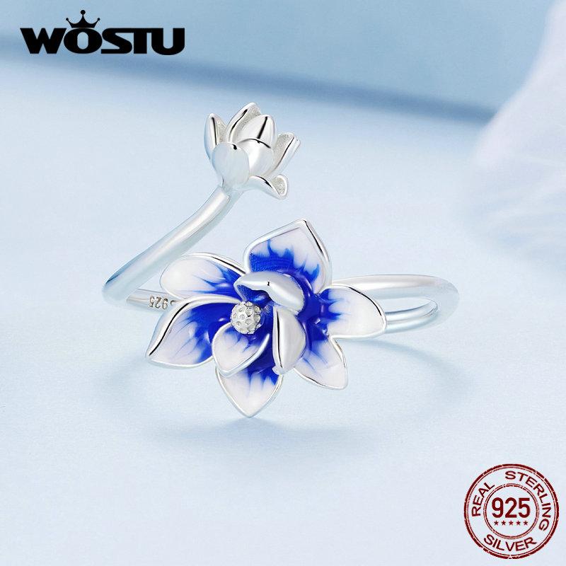 WOSTU Echt 925 Sterling Silber Einzigartige Lotus Offene Ringe Für Frauen Blau Emaille Aussage Blume Ring Hochzeit Partei Schmuck Geschenk