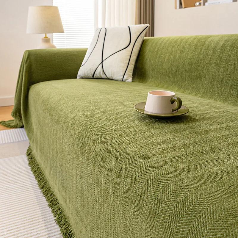 Chenille Sofa Cover Solid Color Striped Design Multi-use Machine Washable Sofa Towel Skin-friendly Wrinkle-resistant