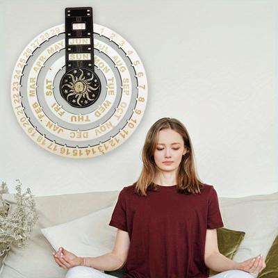 Wooden Rotating Circular Perpetual Calendar Moon Tree Sun Round Dial Perpetual Calendar Wall