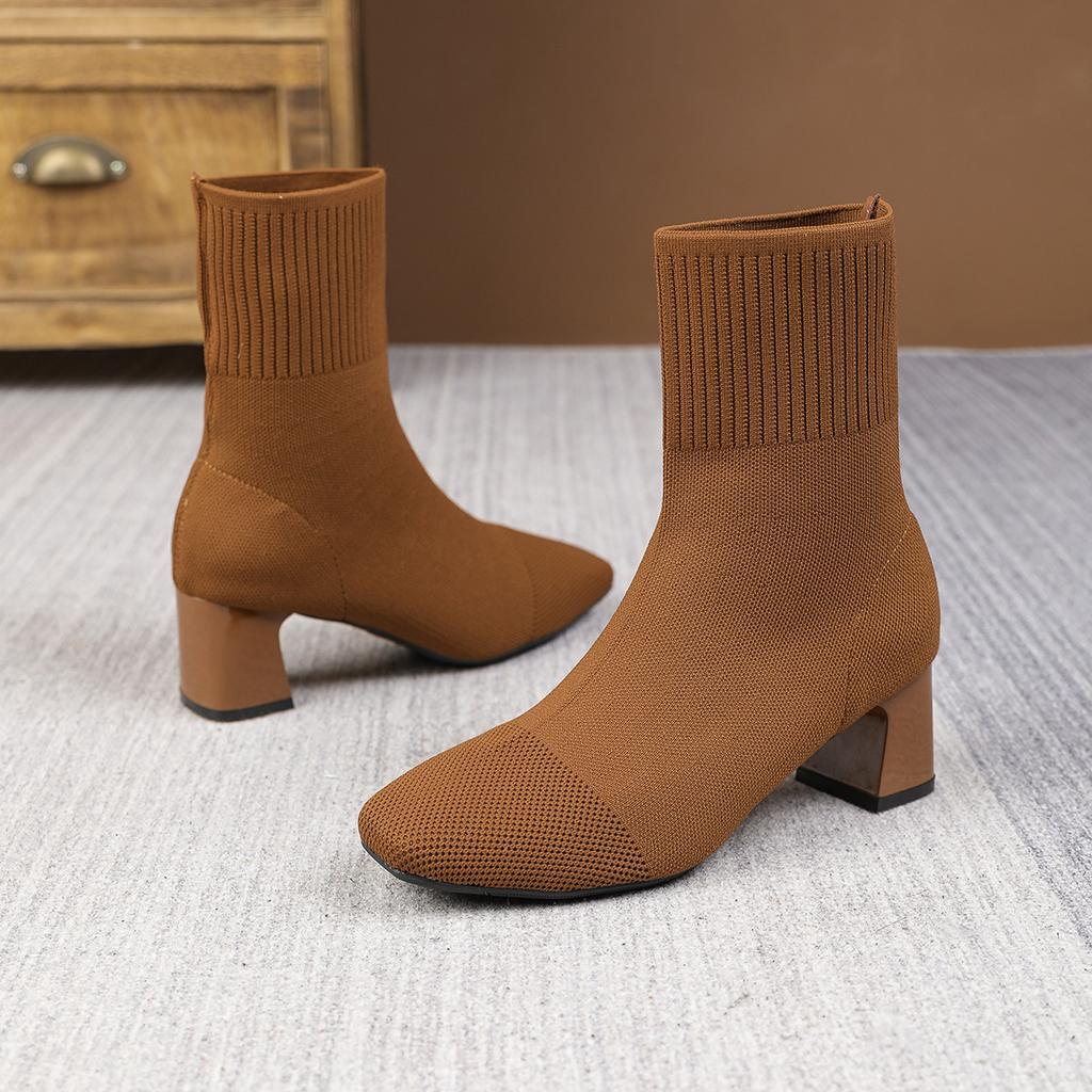 Elastic Boots Women's Winter Elastic Thick Heel Skinny Boots Knitted Socks Boot Black Square Heel Women's Shoes Ankle Bootie