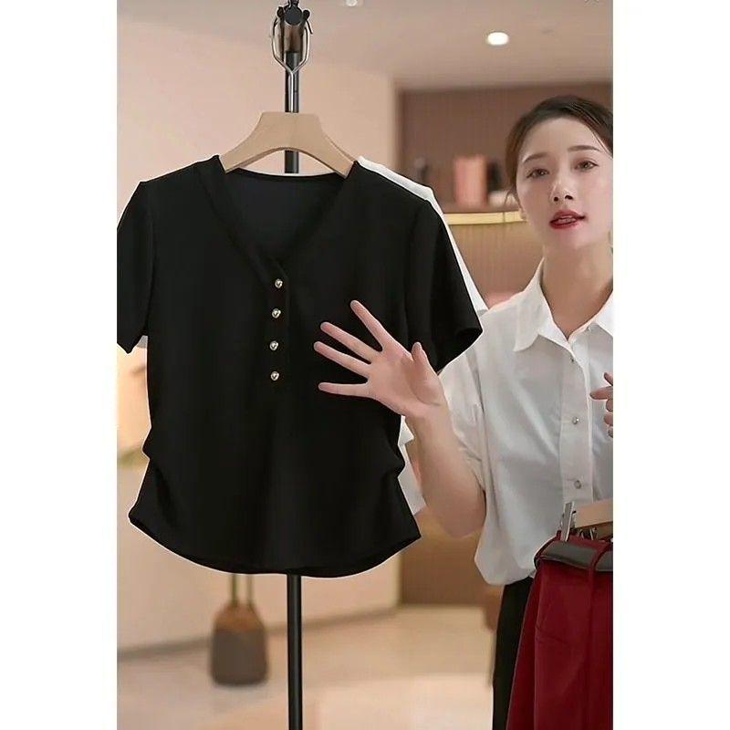 Women's White V-Neck Short Sleeve Button Front Ruched Waist Slim Fit Blouse Elegant Casual Summer Tee