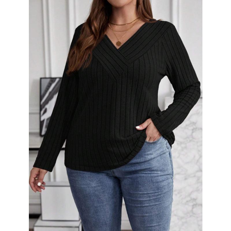 Autumn Winter Solid Color Plus Size Top Cross V-neck Long Sleeved Groove Brushed Pullover T-shirt