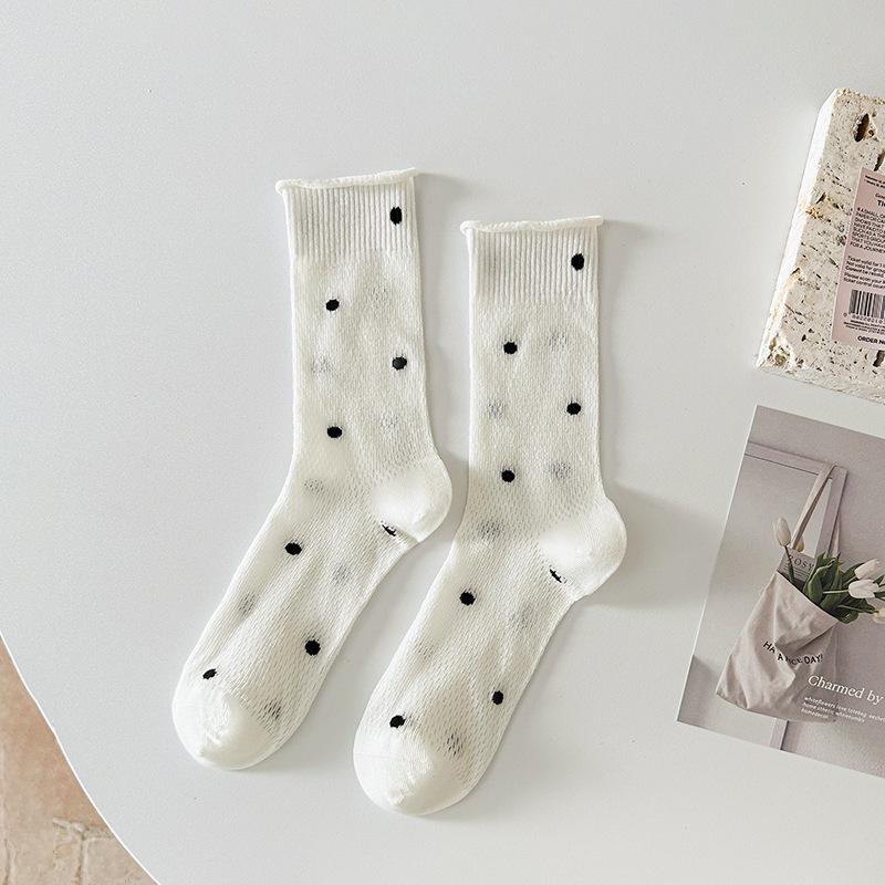 

Women s Retro Polka Dot Mid-Calf Cotton Socks - Breathable, Thin, Rolled Edge for Spring & Autumn One Size молочный белый