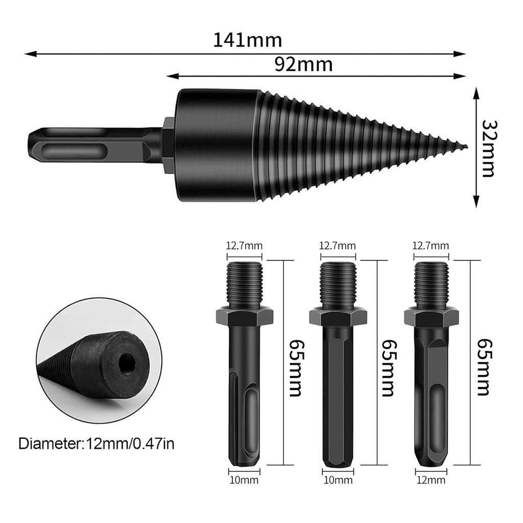 4KS Štípací vrták na palivové dřevo, Odnímatelný vrták 32 mm pro vysoké zatížení (Čtvercová + Kulatá + Šestihranná stopka) pro Farmu, Rodinu, Sporák, Venkovní Kempování