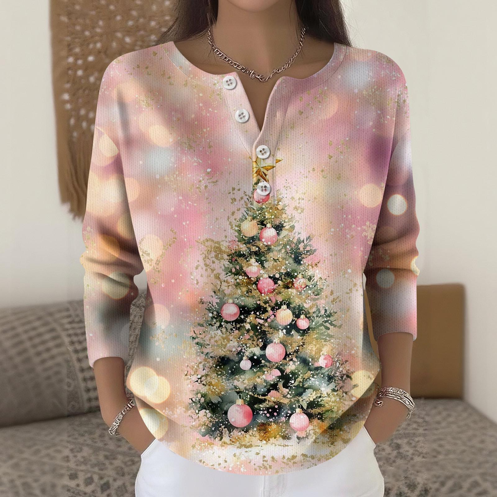 

Жіноча мода Топ з довгим рукавом з різдвяним принтом сніжинок Елегантний повсякденний топ M світло-рожевий колір