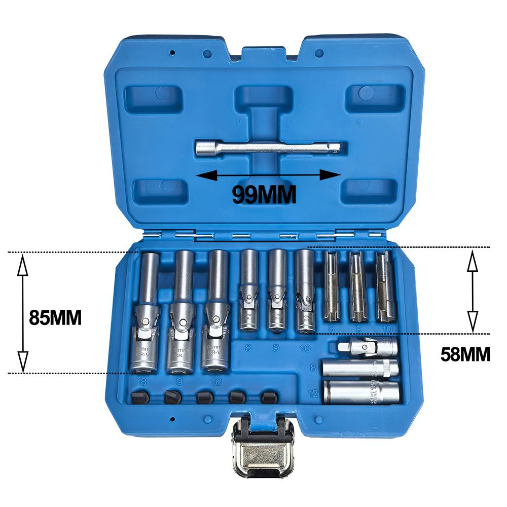 18PC 3/8" 1/4" Drive Glow Plug Removal Socket Set Thin Slotted Tool Kit 8mm,9mm and 10mm deep sockets Replacement tool kit