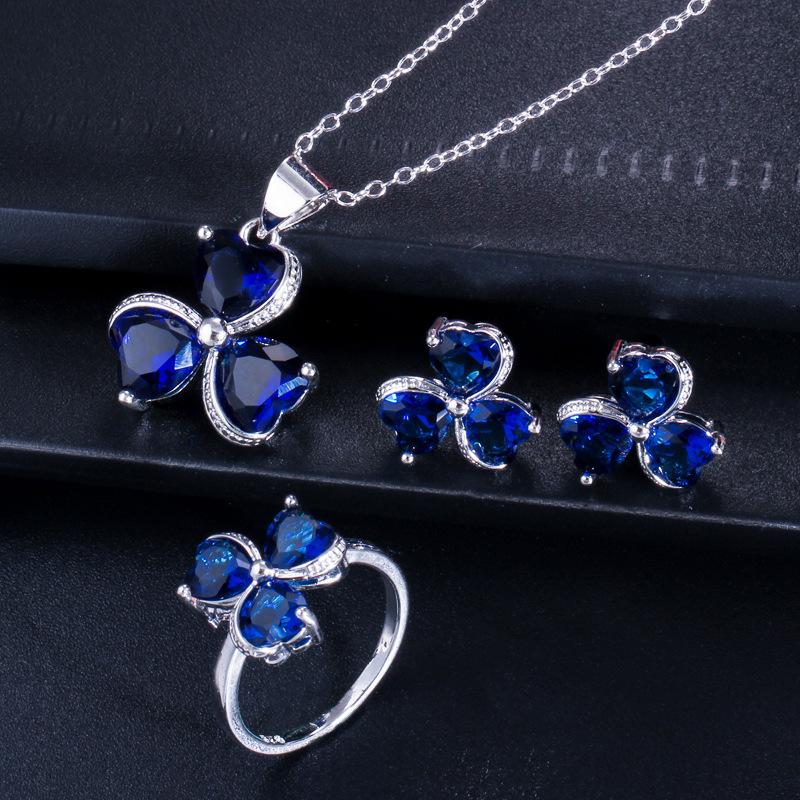 Ki0081 Wykwintny Zestaw Cyrkonii Koniczyna, Kolczyki, Wisiorek Pierścionek Trzyczęściowy Zestaw