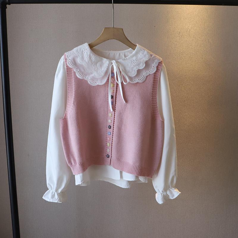 Spring 2025 Korean Style Women's Peter Pan Collar Blouse + Knit Vest Set