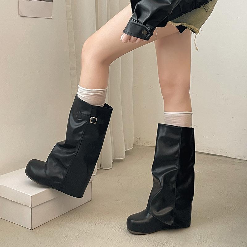 slightly fat boots knight boots early spice girl long boots round head feeling spring and autumn temperament fashionable new big tube circumference