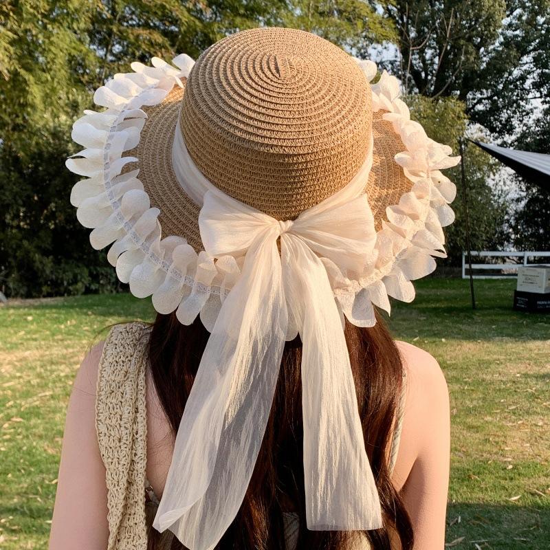 Flat Top Straw Hat Summer Shade Seaside Vacation Sweet Sun Hat Versatile Beach Hat Women's Sun Protection Hat New