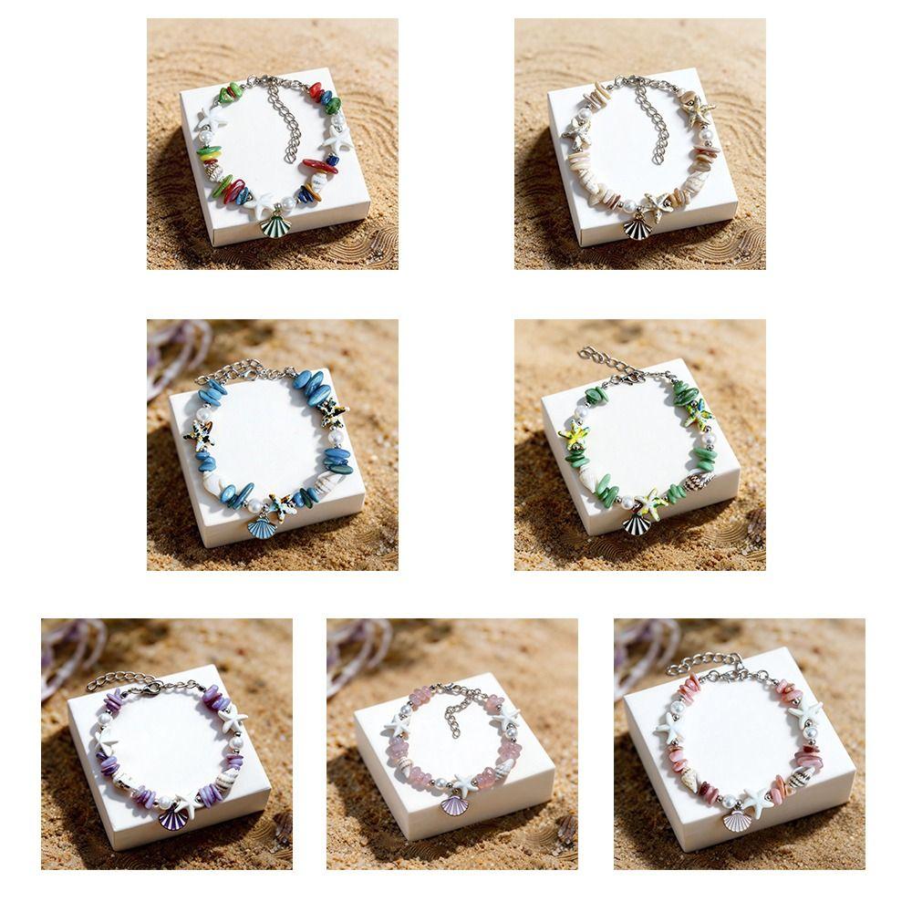 Vintage Ocean Sea Series Shell Starfish Bracelet Pearl Colorful Beach Beads Bracelet Wristband Adjustable Summer Bangle Vacation