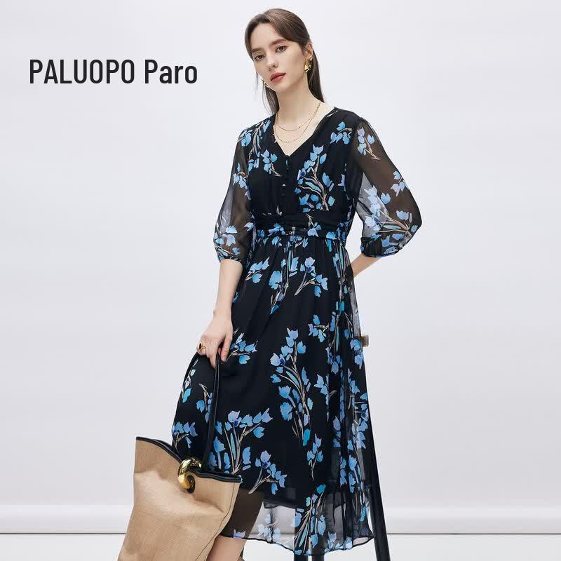 PALUOPO Women s 2026 Summer Floral Print Silk Seven-Sleeve Midi Dress M